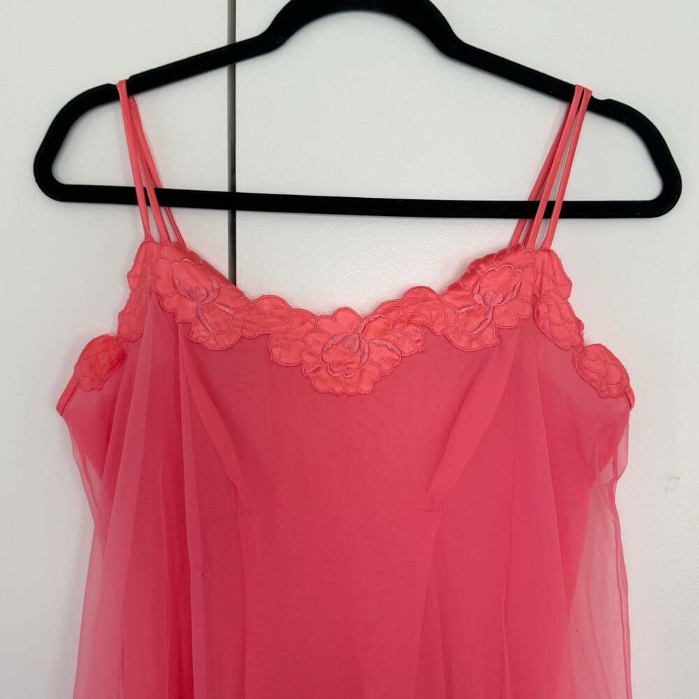 Vintage Pink Chiffon Floral Lace Trim Long Maxi Nightgown - Picture 2 of 6